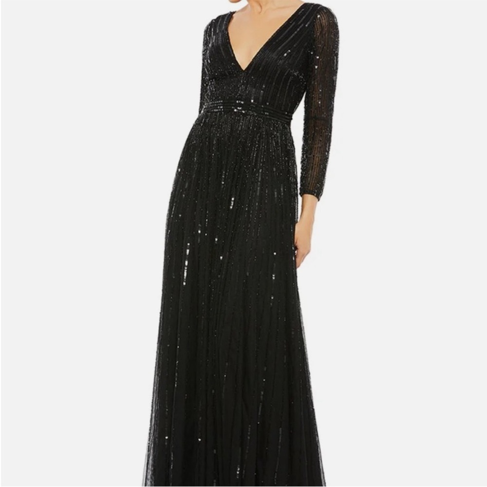 Mac Duggal Black Beaded Long Sleeve Gown Maxi